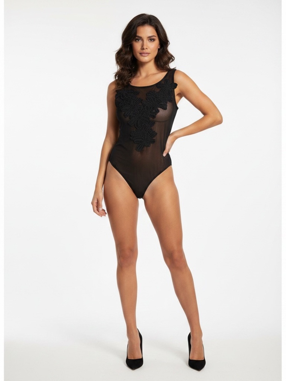 NWT Sheer Lace Applique Black Bodysuit